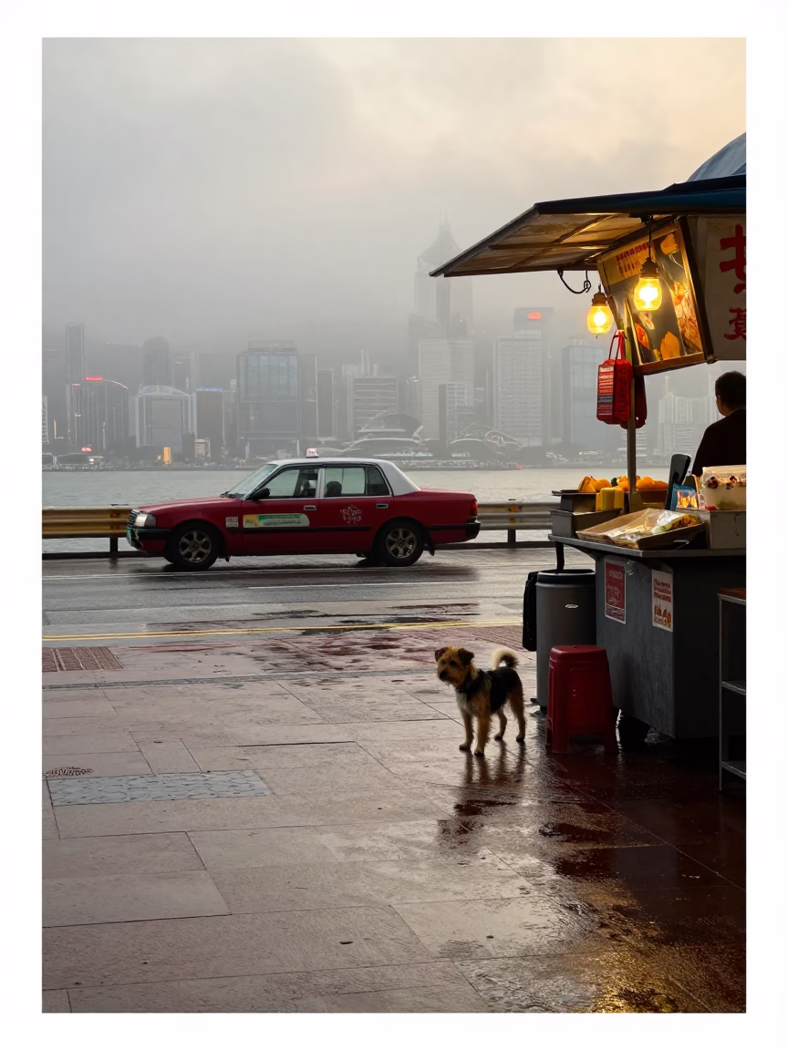 Misty Dawn Street Scene in Hong Kong with Border Terrier and Aprons in in Hong Kong, Hong Kong