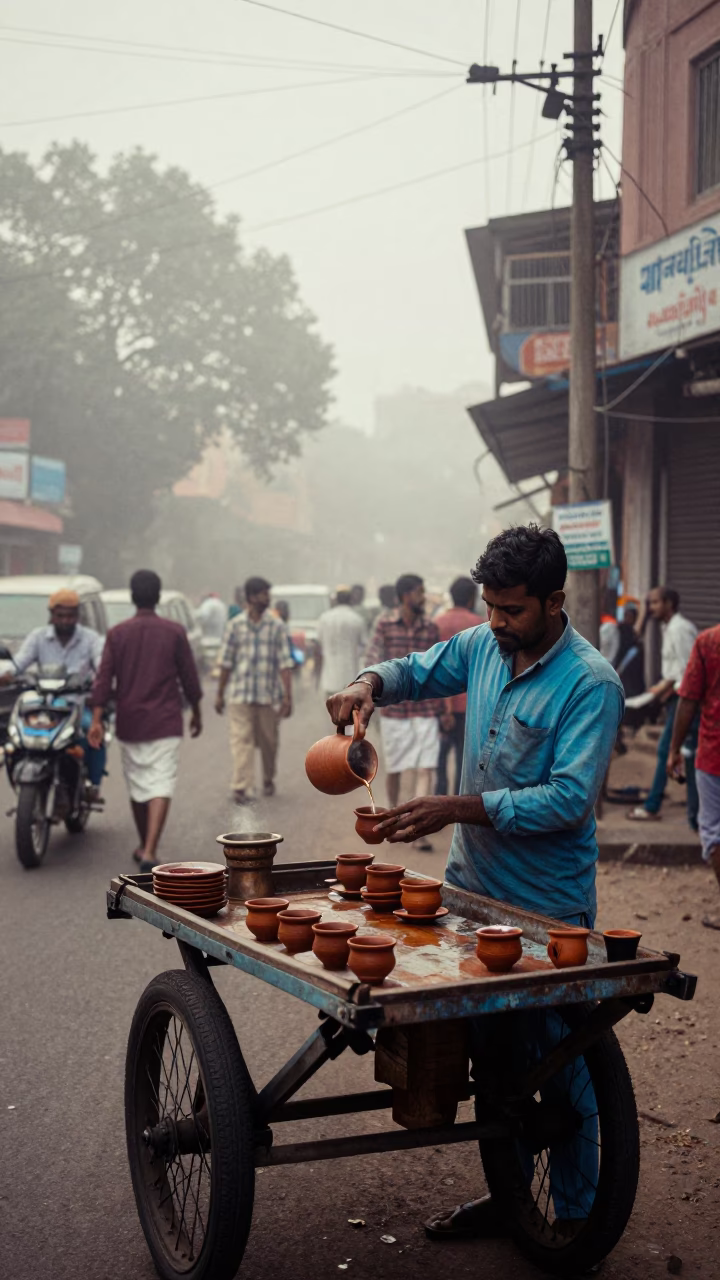 Misty Dawn Street Scene in Hyderabad India with Local Vendor and Tea in in Hyderabad, India