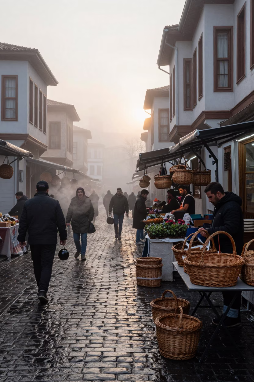 Misty Dawn Street Scene in Istanbul Turkey with Local Market Activity in in Istanbul, Turkey