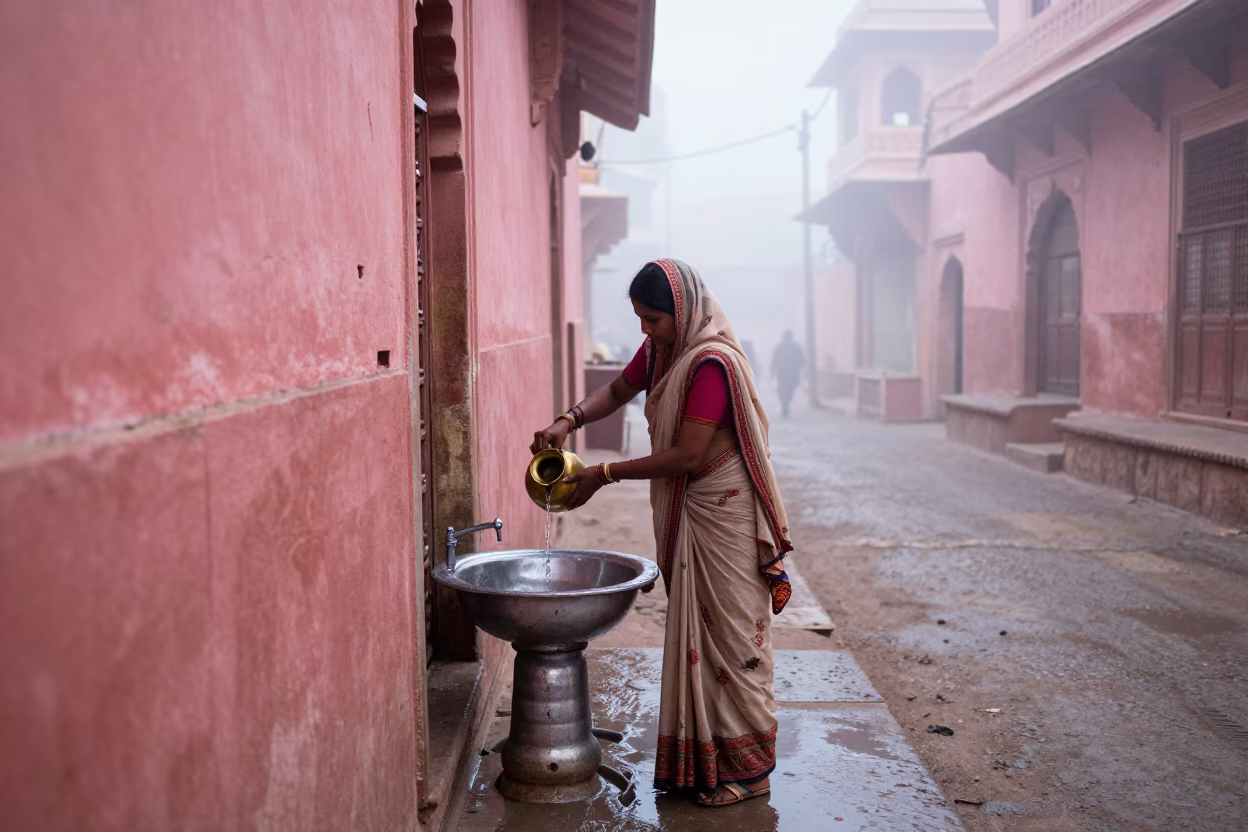 Misty Dawn Street Scene in Jaipur India with Wash Basin and Cat in in Jaipur, India