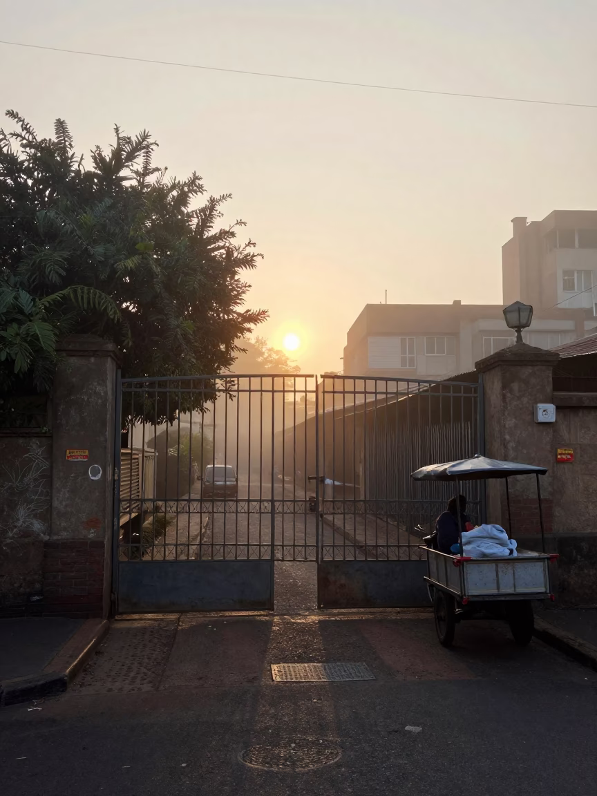 Misty Dawn Street Scene in Johannesburg With Garden Gate and Onions in in Johannesburg, South Africa