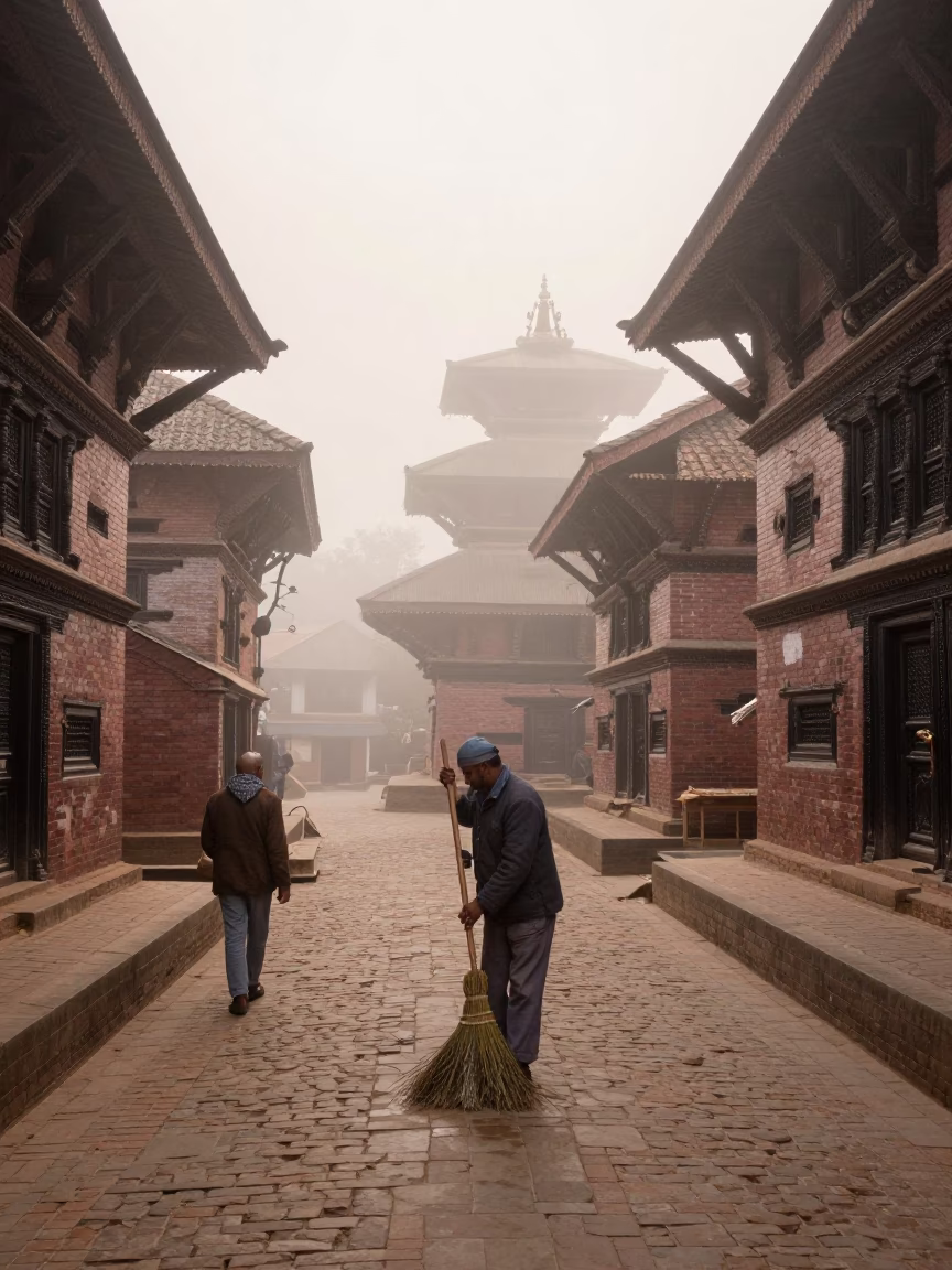 Misty Dawn Street Scene in Kathmandu Nepal with Broom and Cardigan in in Kathmandu, Nepal