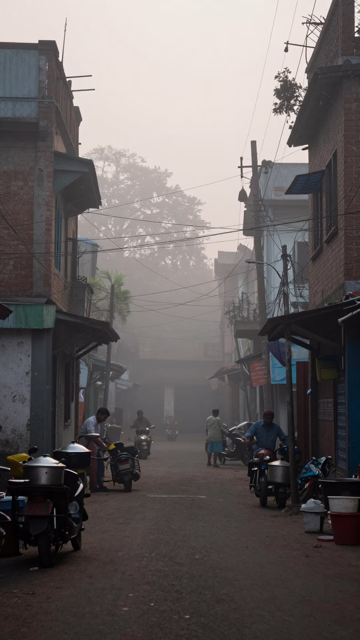 Misty Dawn Street Scene in Kolkata India with Cooking Pots in in Kolkata, India