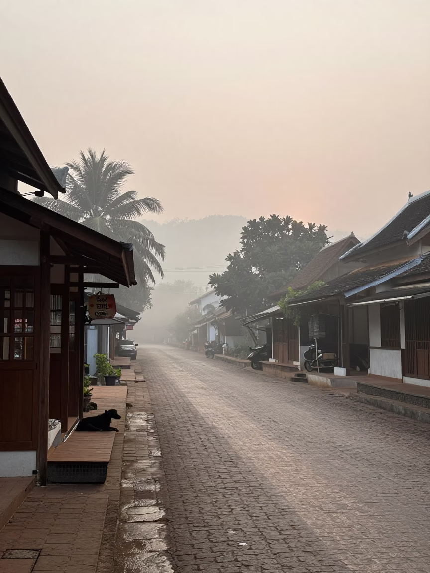 Misty Dawn Street Scene in Luang Prabang Laos with Local Life in in Luang Prabang, Laos