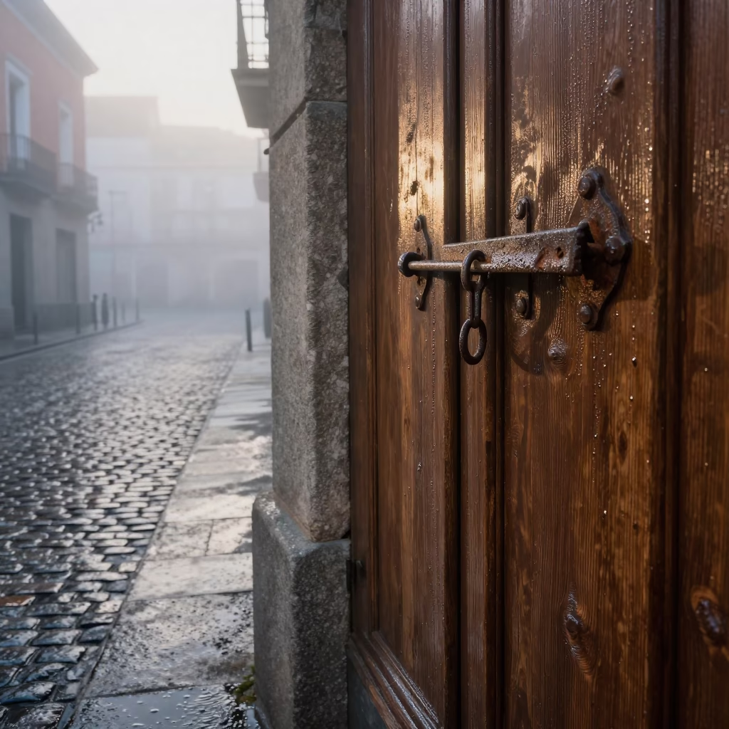 Misty Dawn Street Scene in Madrid Spain with Latch and Ripples in in Madrid, Spain