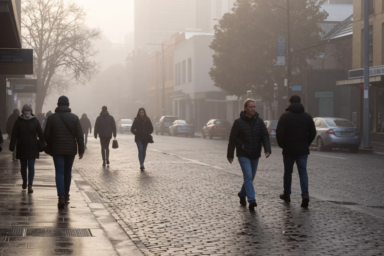 Misty Dawn Street Scene in Melbourne With Pedestrians and Cobblestones in in Melbourne, Victoria, Australia