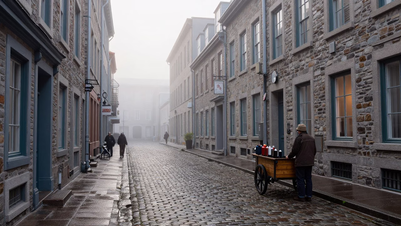 Misty Dawn Street Scene in Montreal with Vintage Thermos and Postcards in in Montreal, Quebec, Canada