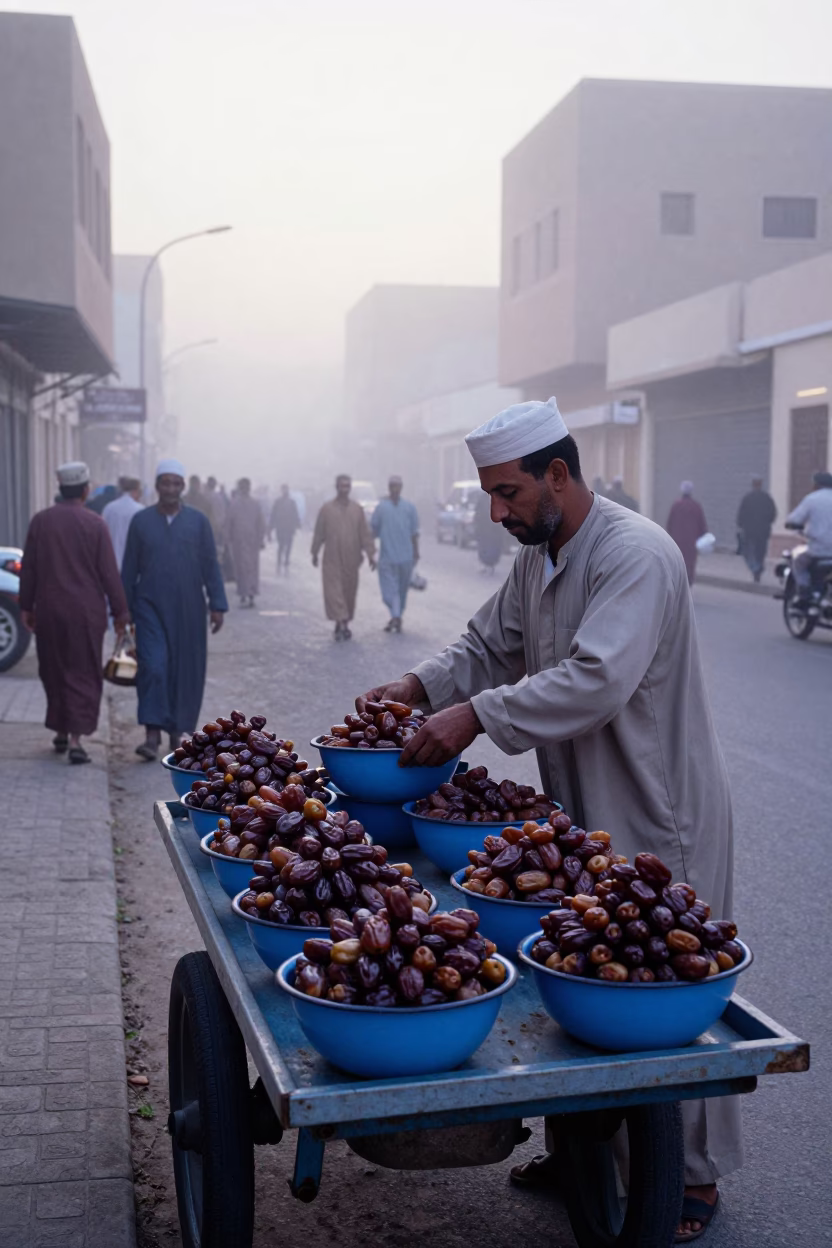 Misty Dawn Street Scene in Muscat With Enamel Bowls and Newspaper in in Muscat, Oman