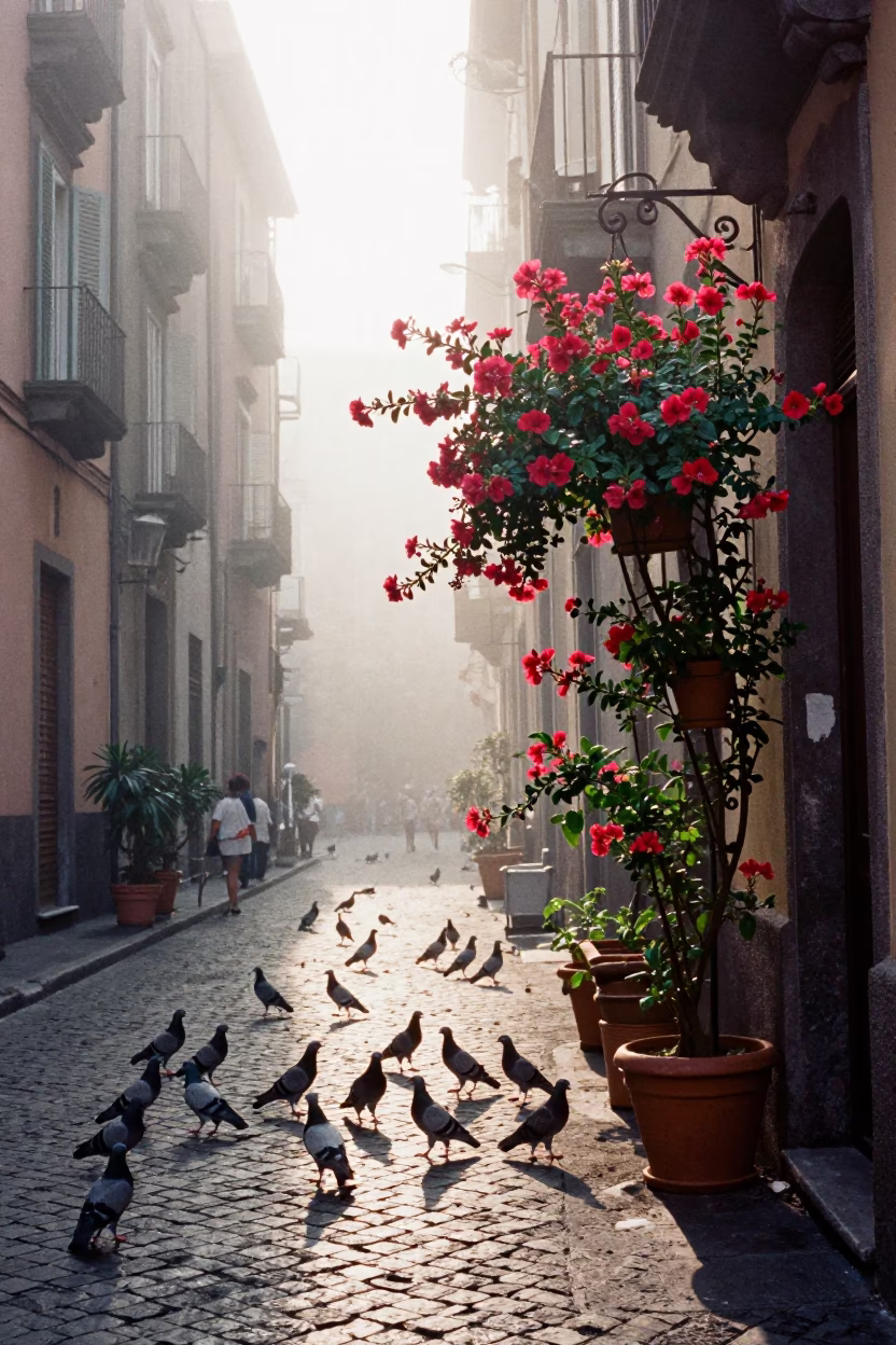Misty Dawn Street Scene in Naples With Pigeons And Flowering Plants in in Naples, Italy