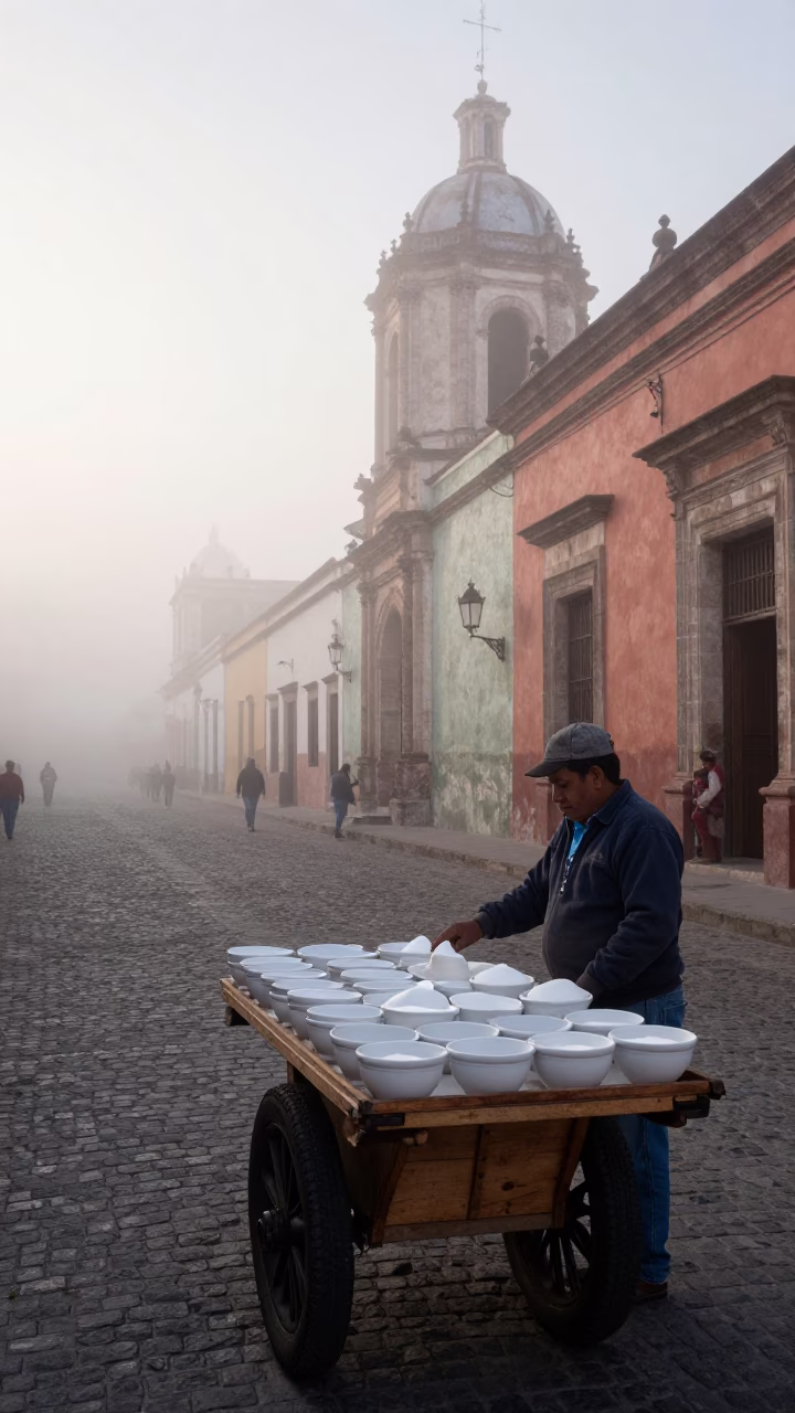 Misty Dawn Street Scene in Oaxaca With Vendor Selling Sugar and Tools in in Oaxaca, Mexico