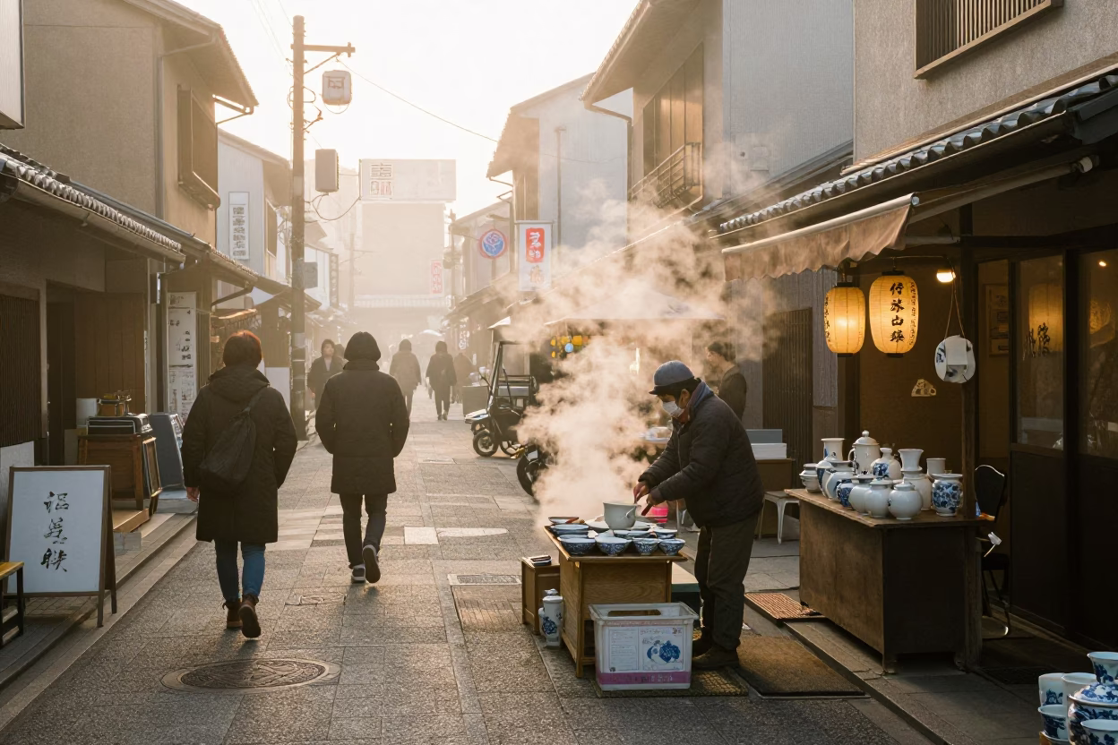 Misty Dawn Street Scene in Osaka with Vendor and Porcelain Jars in in Osaka, Japan