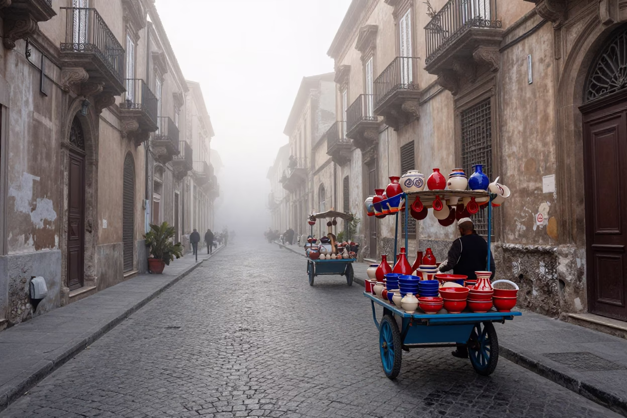 Misty Dawn Street Scene in Palermo With Rolling Carts and Glossy Enamel in in Palermo, Italy