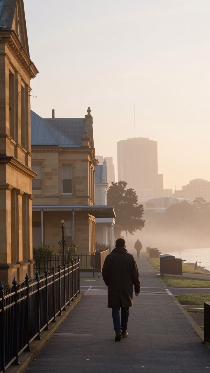 Misty Dawn Street Scene in Perth Western Australia with Local Details in in Perth, Western Australia, Australia
