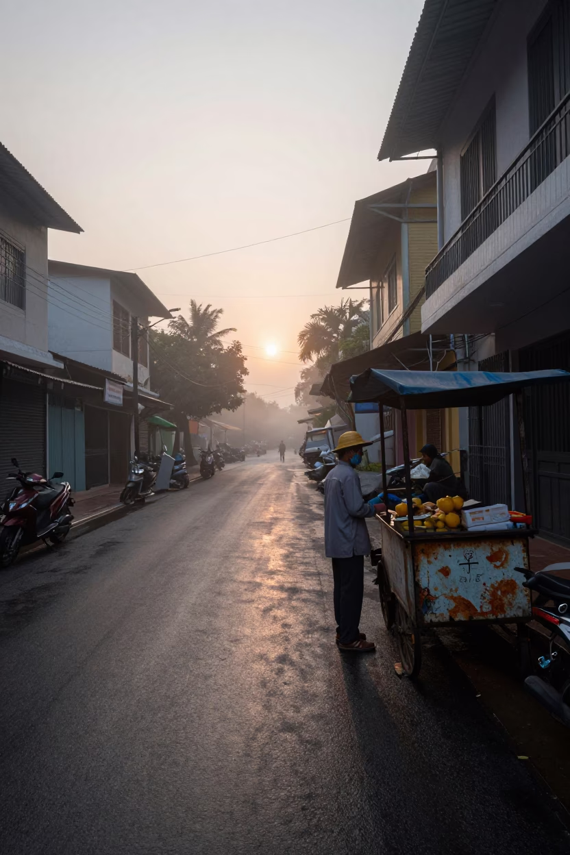 Misty Dawn Street Scene in Phnom Penh Cambodia with Local Elements in in Phnom Penh, Cambodia