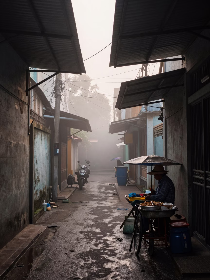 Misty Dawn Street Scene in Phnom Penh Cambodia with Local Vendor in in Phnom Penh, Cambodia