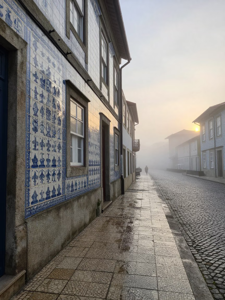 Misty Dawn Street Scene in Porto Portugal with Ceramic Tiles in in Porto, Portugal