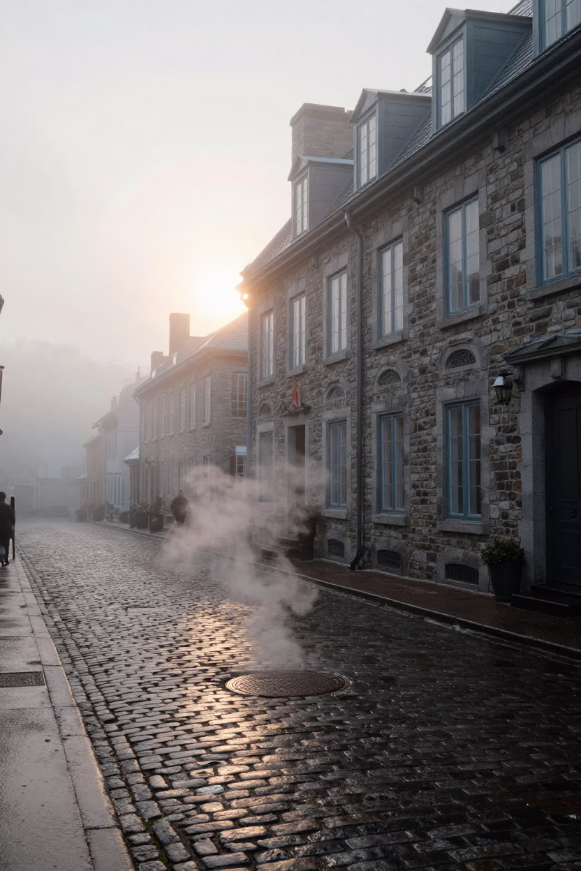 Misty Dawn Street Scene in Quebec City with Steam and Stone Architecture in in Quebec City, Quebec, Canada