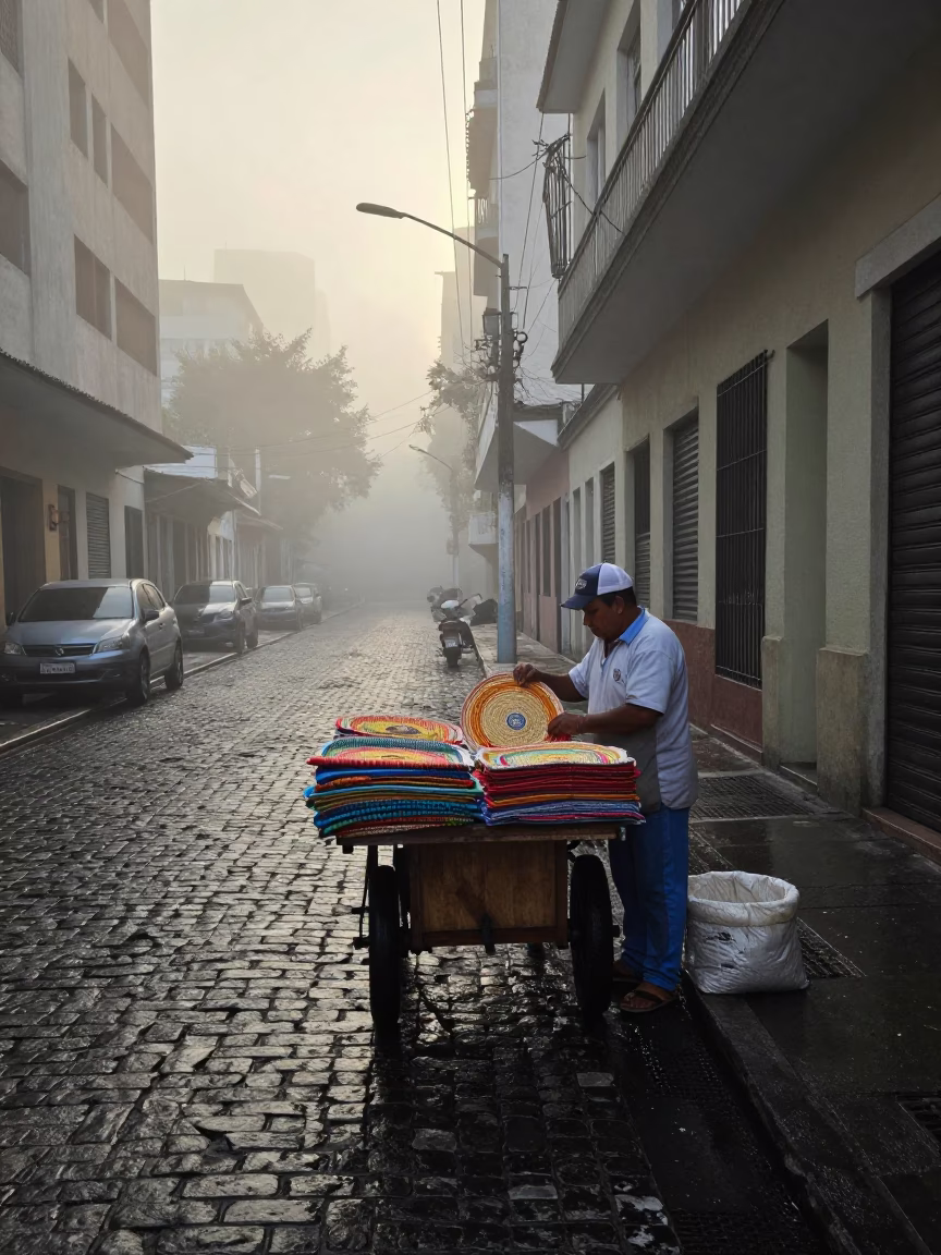 Misty Dawn Street Scene in São Paulo with Vendor Woven Mats in in São Paulo, Brazil