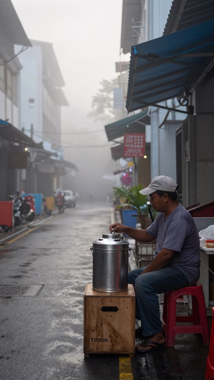 Misty Dawn Street Scene in Singapore with Tiffin Tin and Broom in in Singapore, Singapore