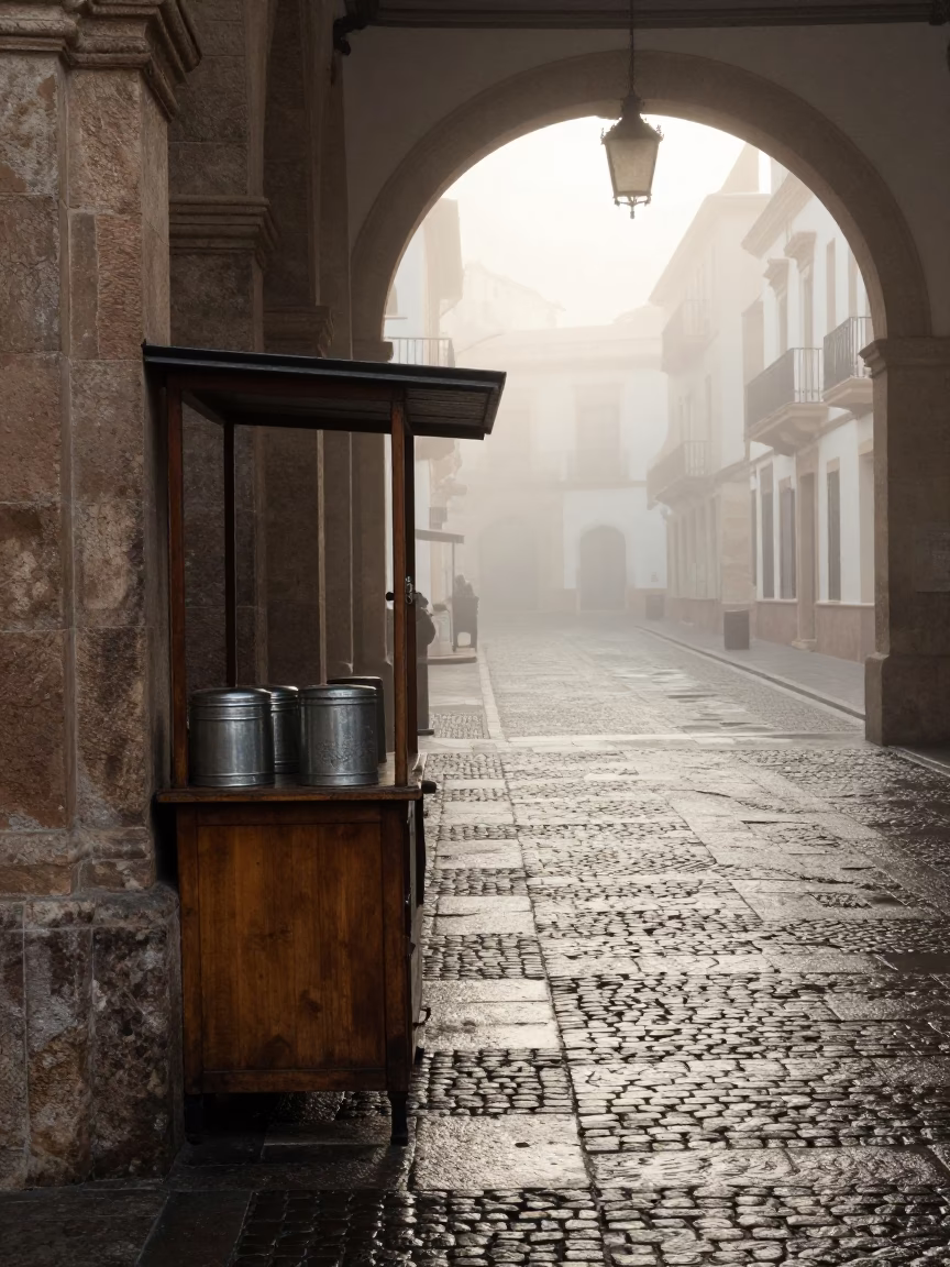 Misty Dawn Street Scene in Valencia Spain with Vintage Details in in Valencia, Spain