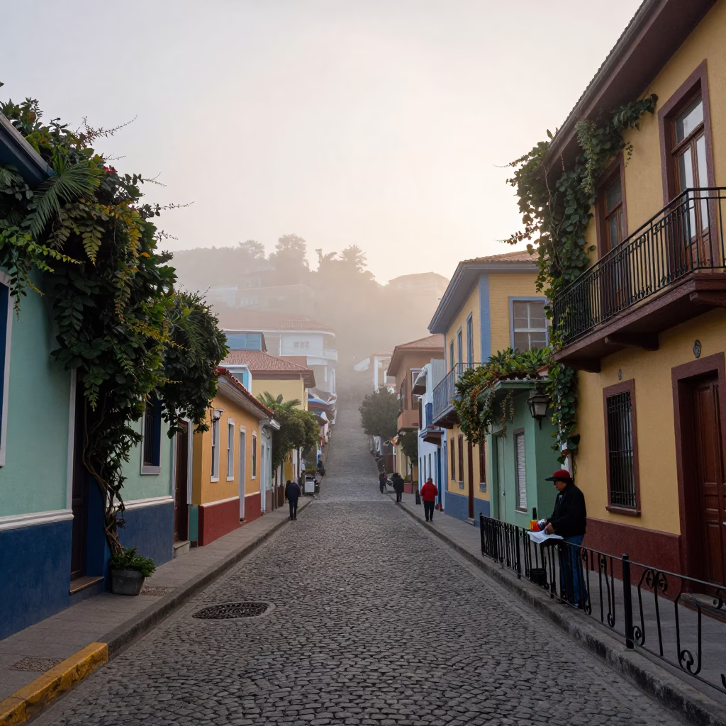 Misty Dawn Street Scene in Valparaiso Chile with Local Vendor and Ivy in in Valparaiso, Chile