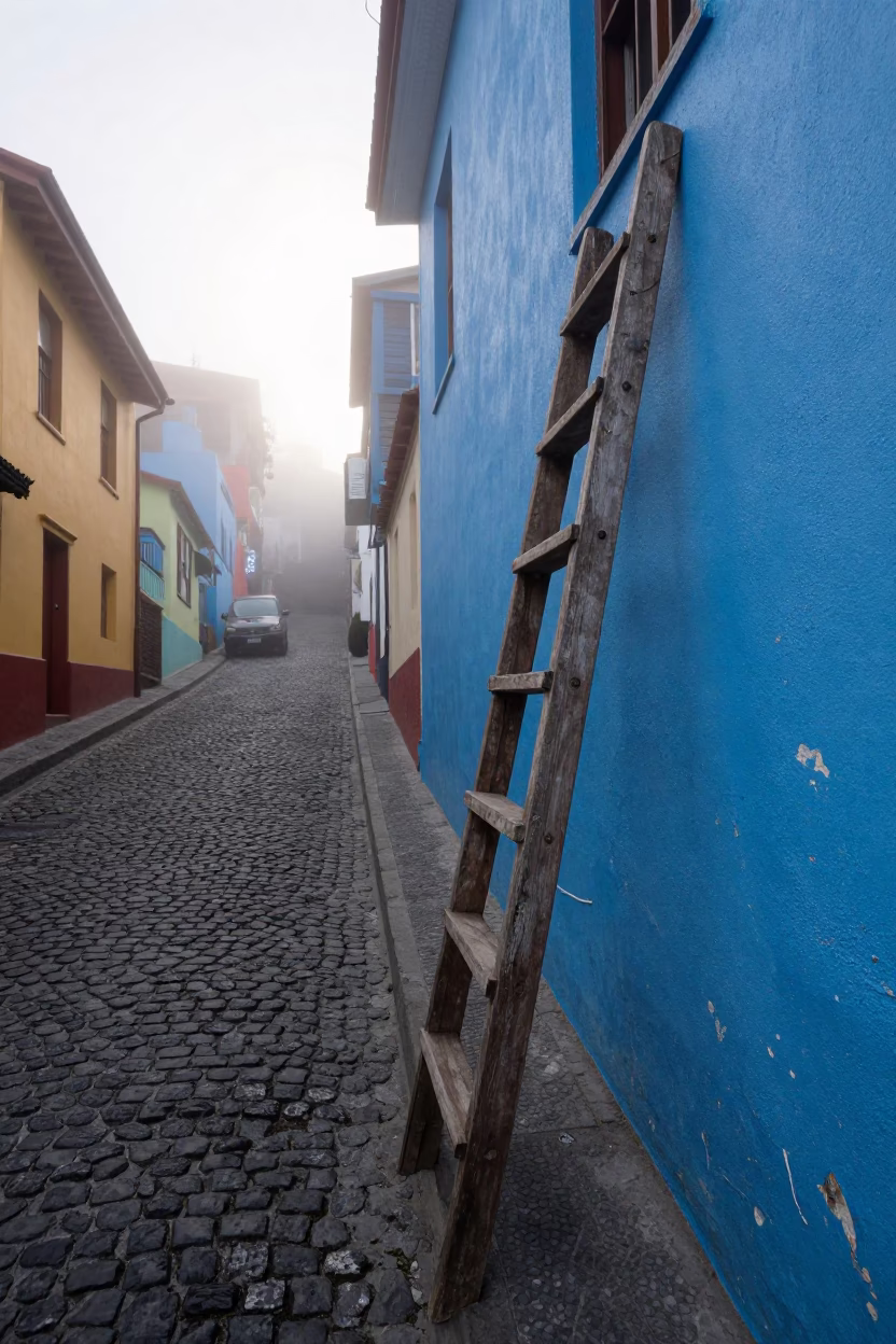 Misty Dawn Street Scene in Valparaiso Chile With Wooden Ladder in in Valparaiso, Chile