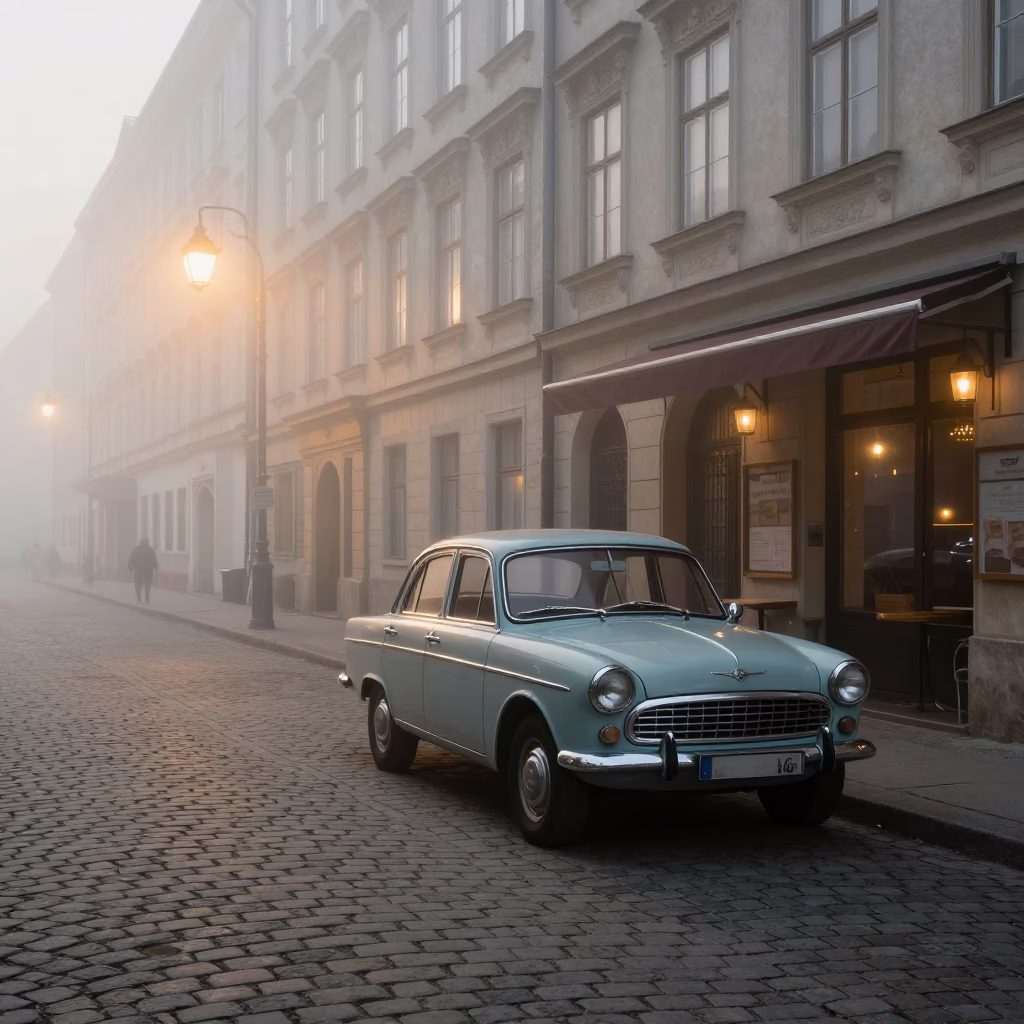 Misty Dawn Street Scene in Vienna With Vintage Car And Pedestrians in in Vienna, Austria