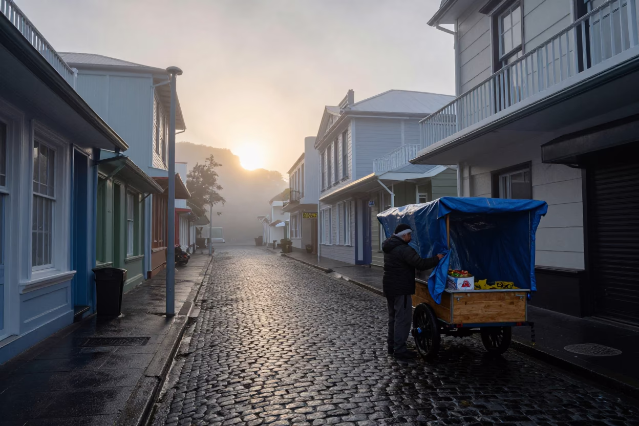 Misty Dawn Street Scene in Wellington New Zealand with Local Details in in Wellington, New Zealand