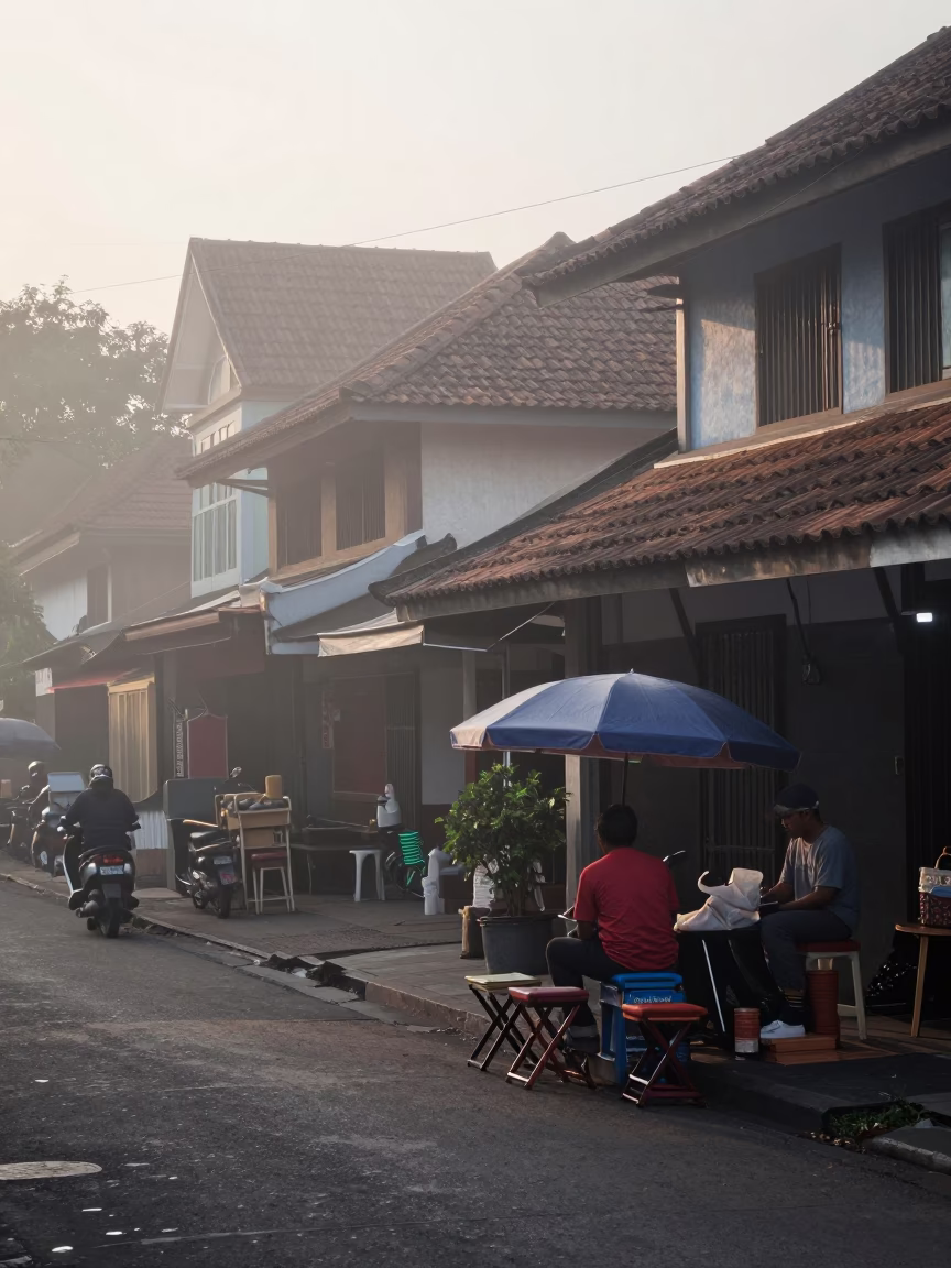 Misty Dawn Street Scene in Yogyakarta Indonesia with Local Vendor in in Yogyakarta, Indonesia
