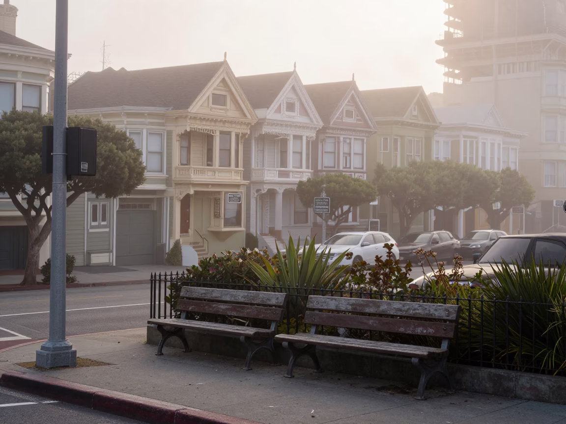 Misty Dawn Street Scene with Garden Benches in San Francisco California in in San Francisco, California, United States