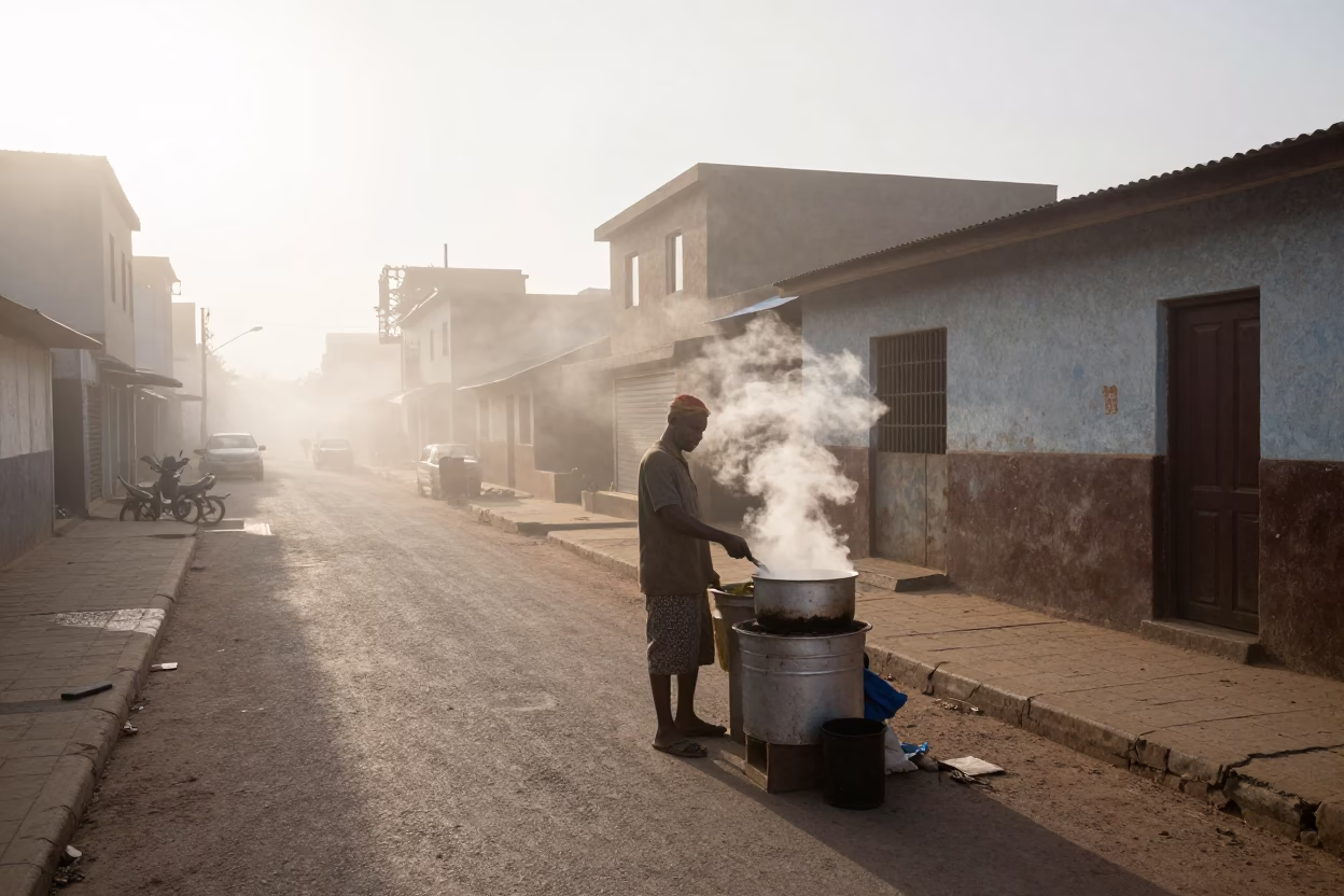 Misty Dawn Street Vendor in Dakar Senegal With Steam Haze in in Dakar, Senegal