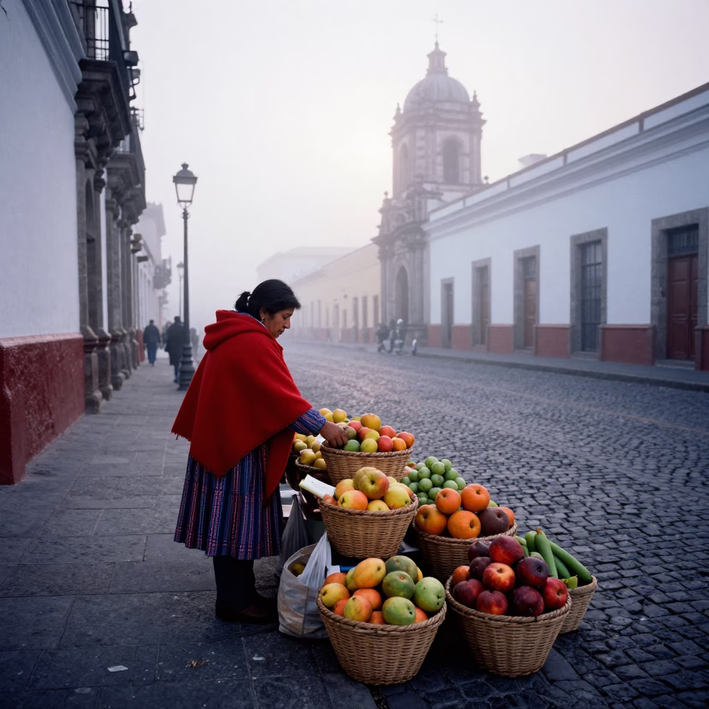Misty Dawn Street Vendor in Quito Ecuador with Colorful Wares in in Quito, Ecuador