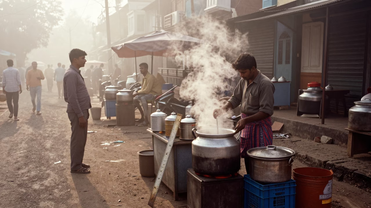 Misty Dawn Street Vendor Prepares Tea Stall in Kochi India in in Kochi, India