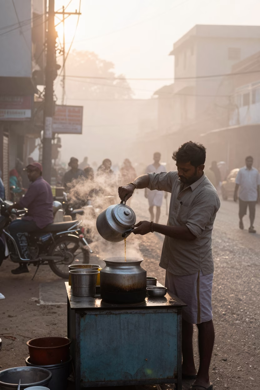 Misty Dawn Street Vendor Preparing Tea in Hyderabad India in in Hyderabad, India