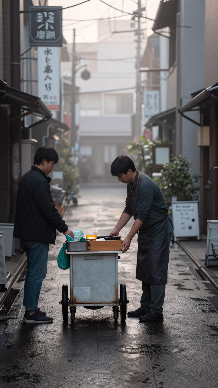 Misty Dawn Street Vendor Rolling Carts in Tokyo Alleyway in in Tokyo, Japan