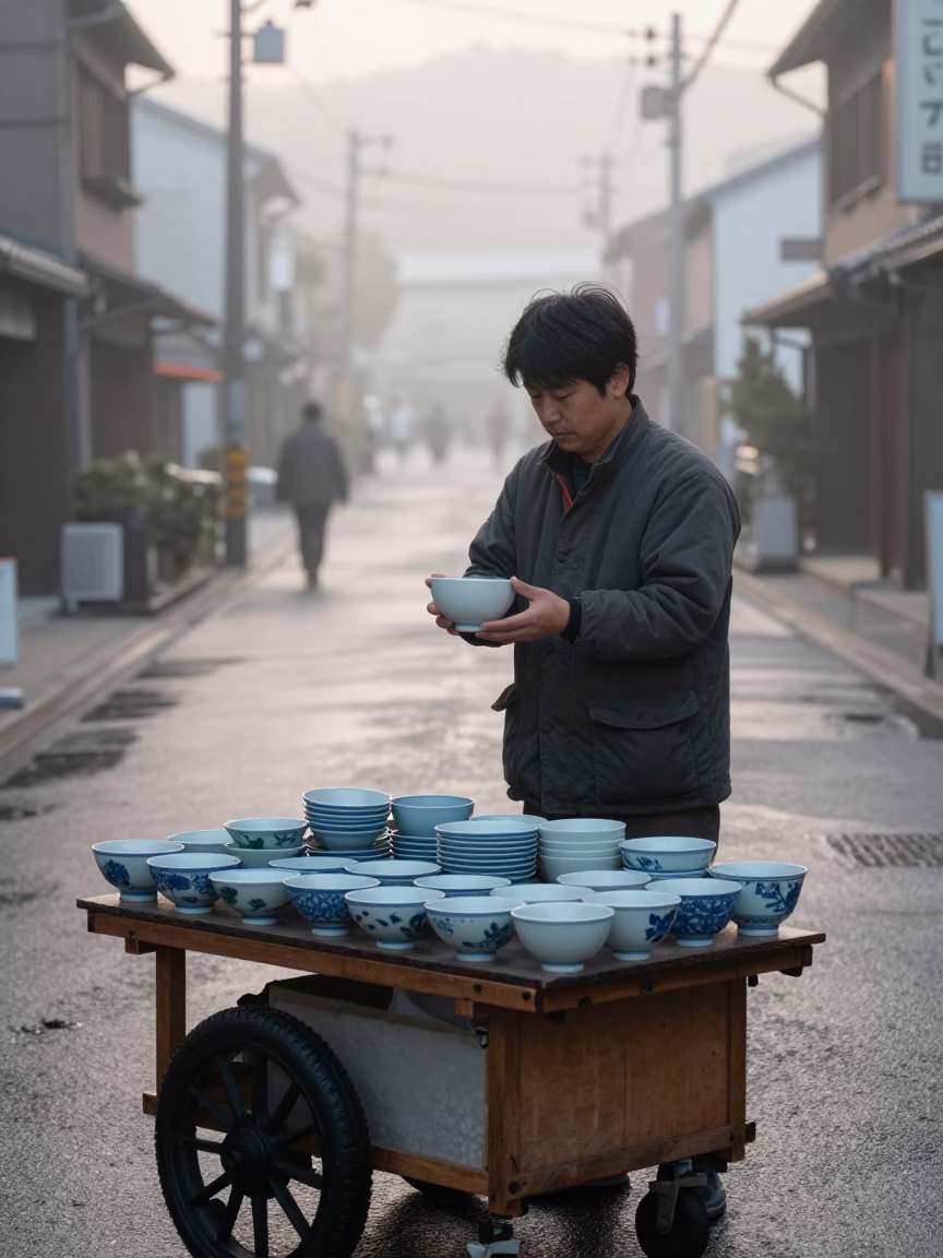Misty Dawn Street Vendor Selling Blue Porcelain Bowls in Fukuoka Japan in in Fukuoka, Japan