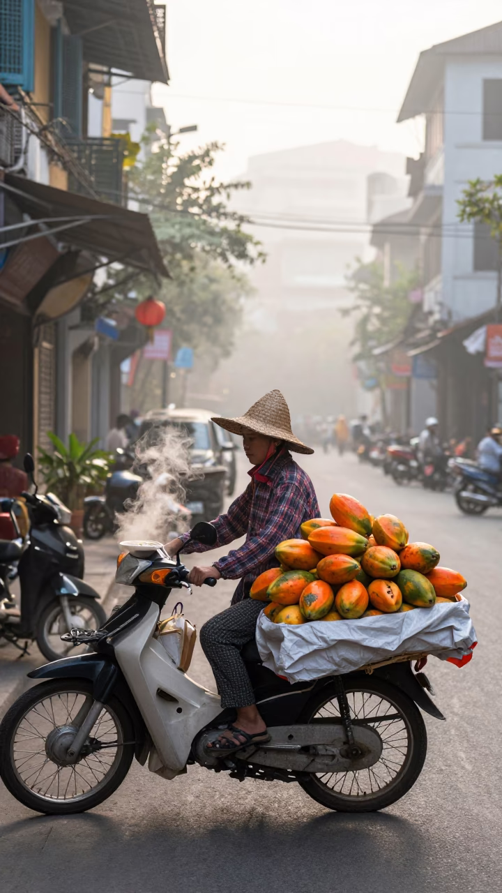 Misty Dawn Street Vendor Selling Fresh Papayas in Hanoi Vietnam in in Hanoi, Vietnam