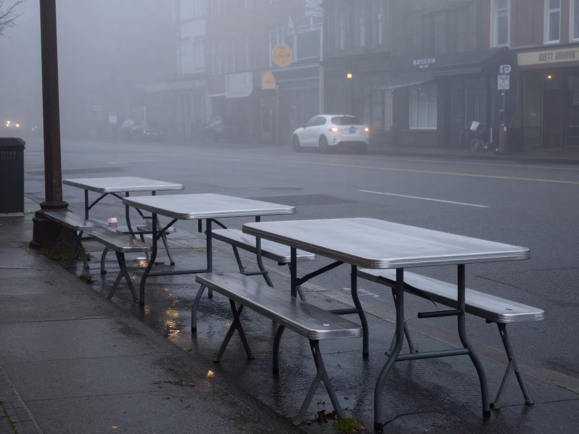 Misty Dawn Street Vendor Setup in Seattle with Folding Tables in in Seattle, Washington, United States