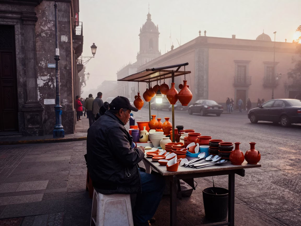 Misty Dawn Street Vendor Stall in Mexico City with Pottery and Utensils in in Mexico City, Mexico