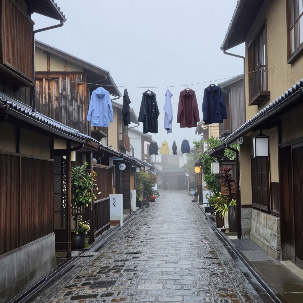Misty Dawn Street View with Raincoats Hanging in Osaka Alleyway in in Osaka, Japan