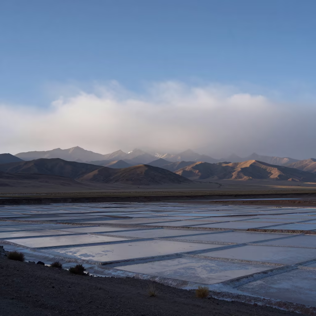 Misty Dawn Over Tibetan Salt Basin Ridge in from a ridge above layered foothills in Tibet