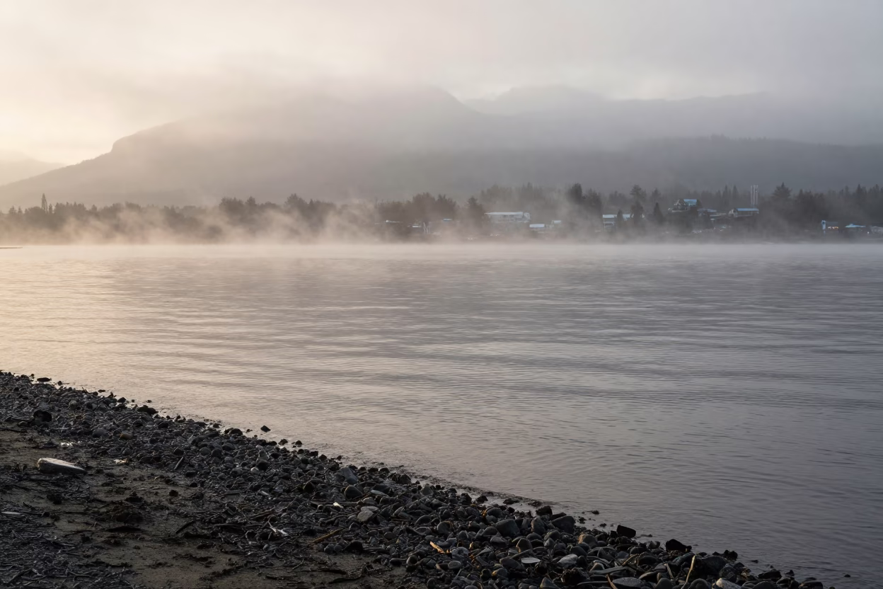 Misty Dawn Vancouver Waterfront Pathway with Ripples and Wet Mud in in Vancouver, British Columbia, Canada