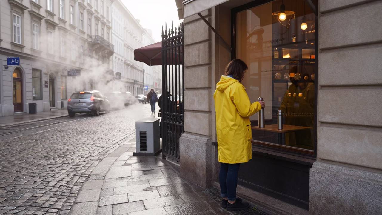 Misty Dawn Vienna Street Corner with Thermos and Window Curtains in in Vienna, Austria