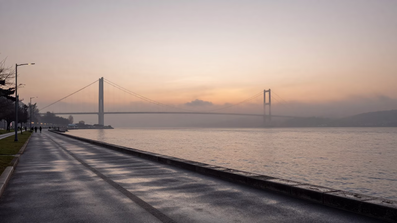 Misty Dawn View of Izmir Bay and Kordon Promenade with Brooms in in Izmir, Turkey