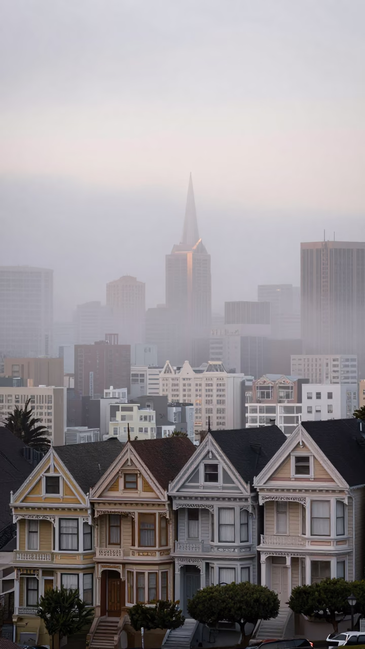 Misty Dawn View of San Francisco Painted Ladies and Fog in in San Francisco, California, United States