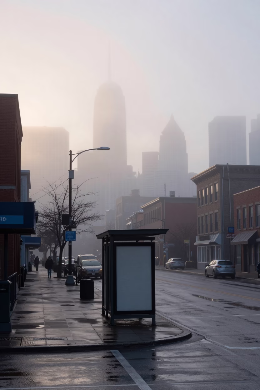 Misty Dawn View of Toronto Street Corner with Steam and Urban Details in in Toronto, Ontario, Canada