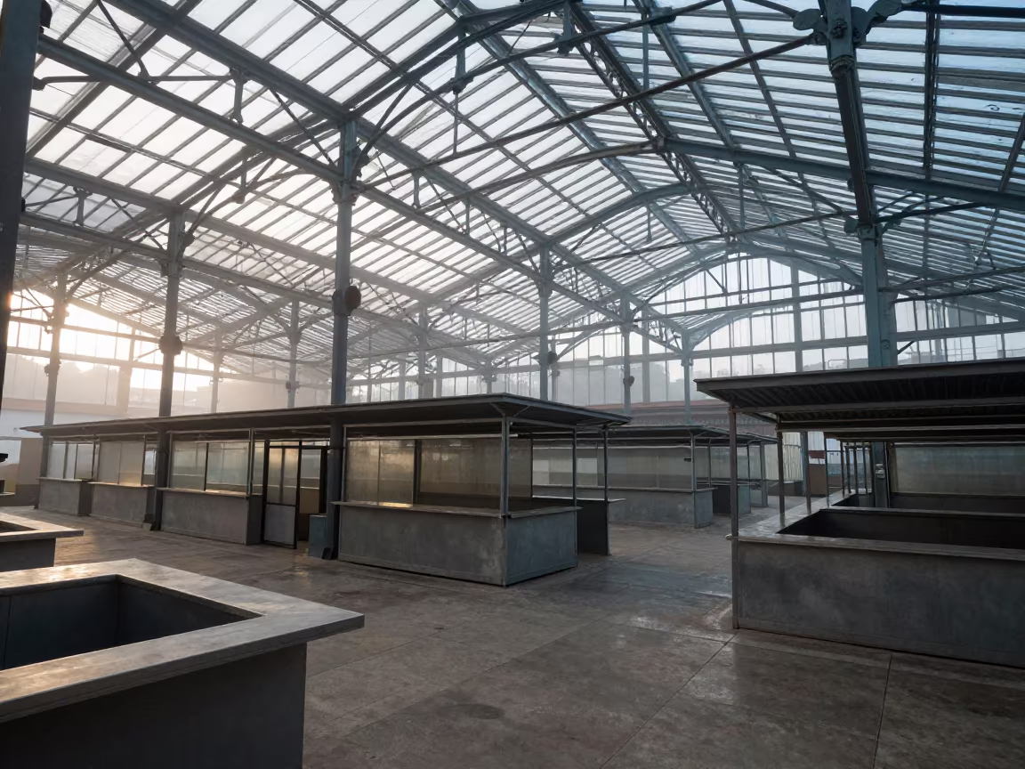 Misty Dawn Light in Villahermosa Glass Market Hall in inside a glass-roofed arcade in Villahermosa