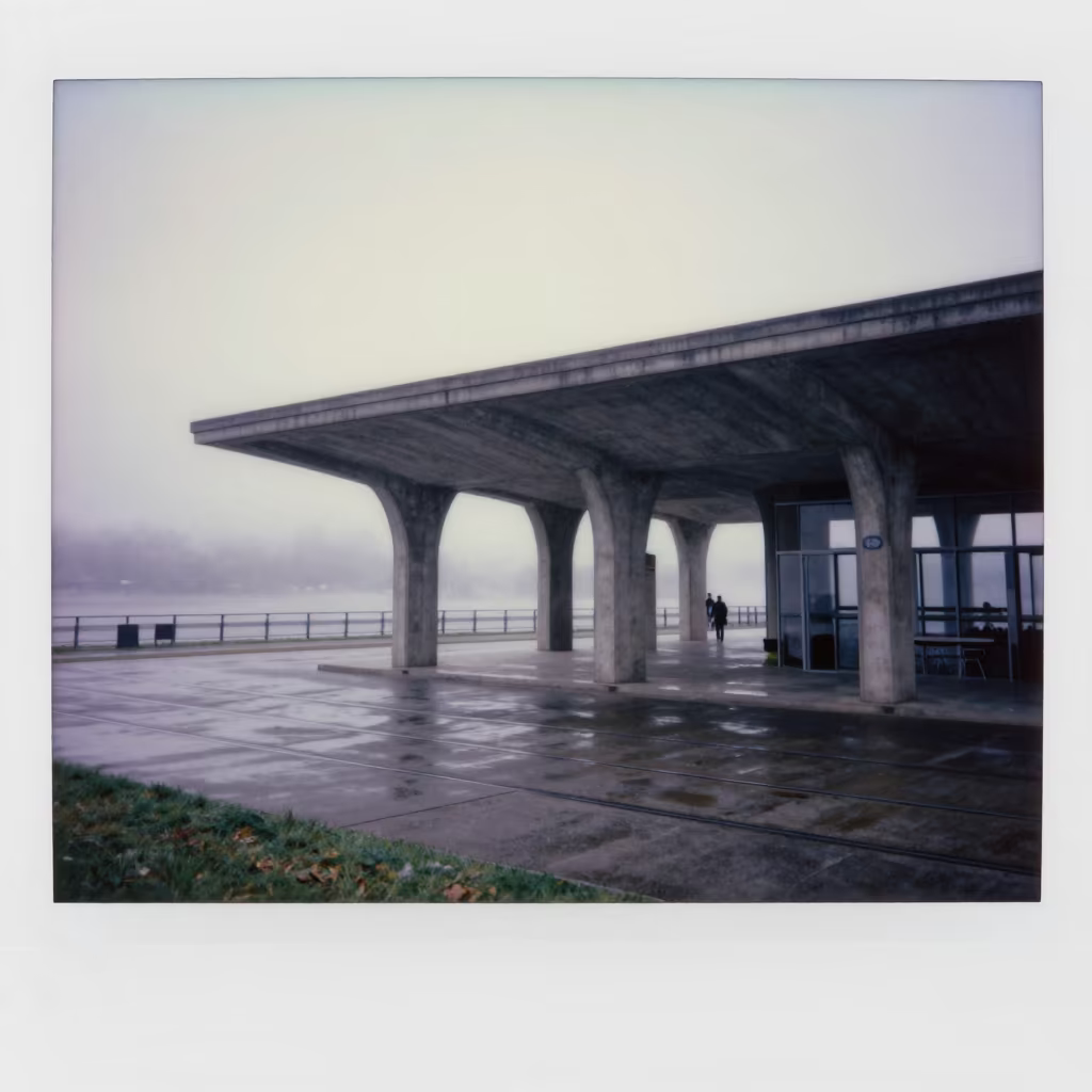 Misty Dawn Waterside Pavilion Tram Lines in inside a ribbed concrete lobby near Bumba