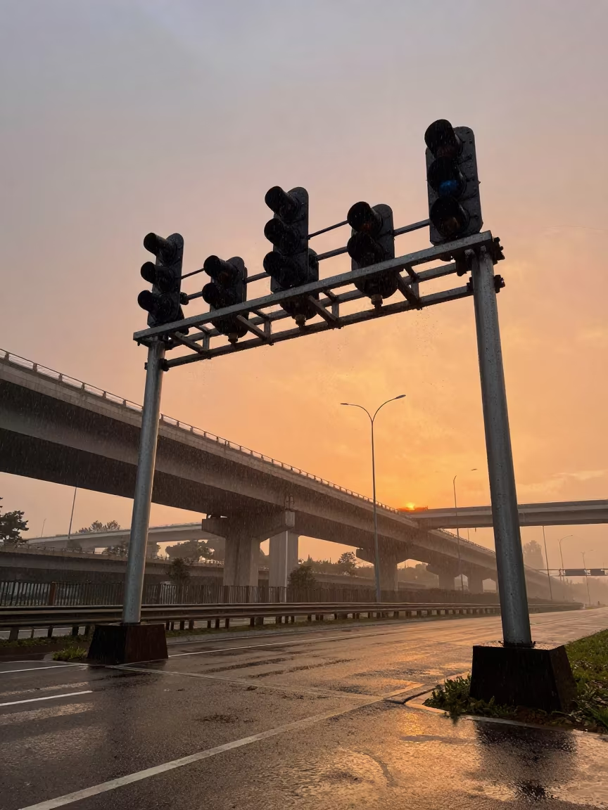 Misty Diesel Signal Gantry at Sunset in across a windy overpass interchange near Mira-Bhayandar
