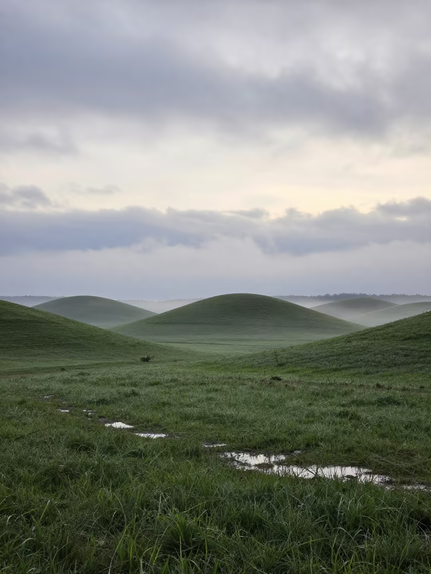 Misty Drumlin Hills Ukraine Early Summer Dawn in across a floodplain after rain in Ukraine